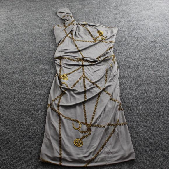 Gucci Dress Womens Extra Small Gold Chain Print One Shoulder Gray Logo Luxury XS - Picture 1 of 10